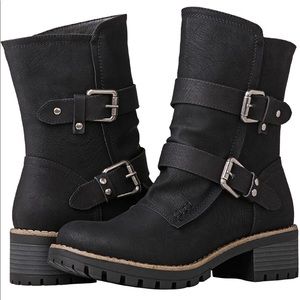 Black Buckle Mid Calf Boots Vegan Leather
